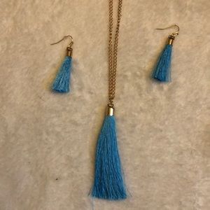 Blue tassel necklace and earrings set